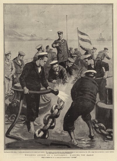 戦艦のアンカーの重さを量り、ケーブルを洗う 作： William T. Maud